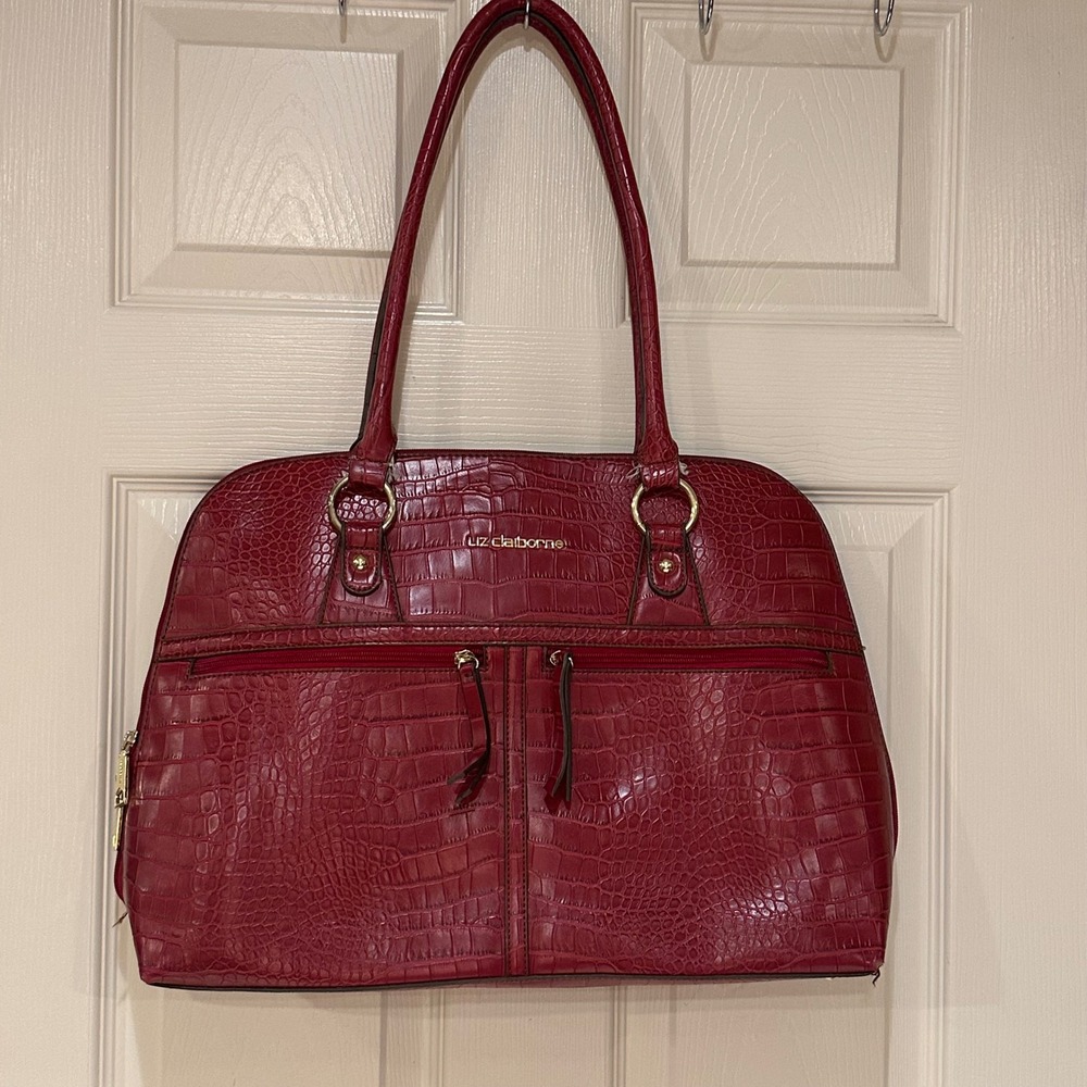 Liz Claiborne Red Croc Embossed Faux Leather Shoulder Bag Tote Organizer